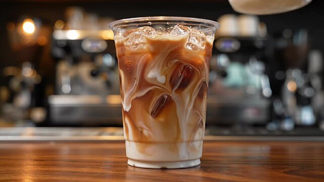 Pouring milk into cold iced coffee.