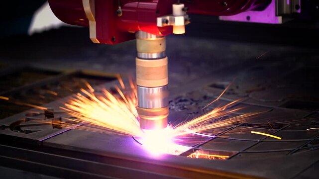Industrial plasma cutter cutting metal sheet with sparks and bright purple light in workshop.