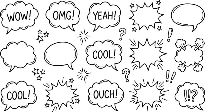 Comic Speech Bubble Outline Set with Wow, OMG, Yeah, Cool, Ouch, Explosion, and Blank Balloon Shapes for Cartoon and Pop Art Designs