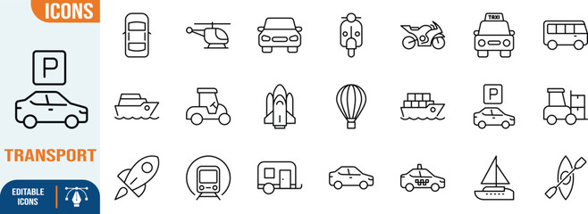 Transportation vehicles line vector icons. car icon set, bus icon set, motorcycle icon set © Mehedi