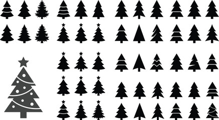A large collection of black Christmas tree silhouettes and icons for holiday card and winter design projects © Adobe contributor 