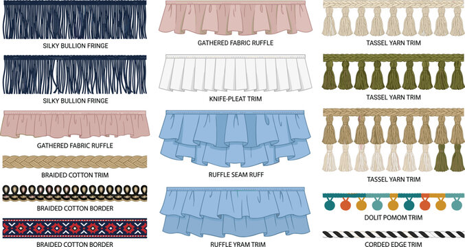 decorative fabric trims fringe tassels ruffles and braided borders collection for fashion textile design ai generated vector illustration