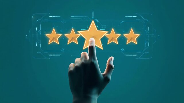 Five star rating interface being touched by a human hand in this interactive digital motion graphic technology video clip