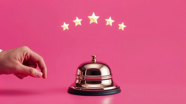 Service bell ringing motion video featuring a businessman hand pressing a classic metal bell with five stars rating symbol animation