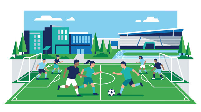 Diverse group of young people playing soccer on a field with stadium and school buildings.