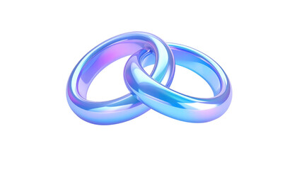 Fototapeta premium Two intertwined, iridescent rings, likely depicting love and commitment, shine with blue, purple, and green hues against a stark black background