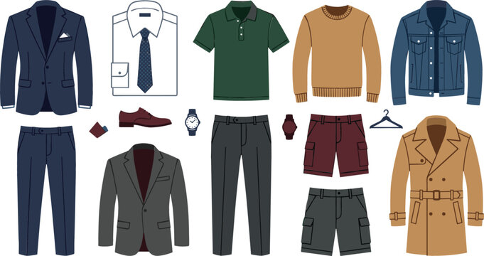 Men fashion clothing flat vector collection featuring casual and formal apparel suit jacket trousers shirt polo sweater denim jacket and trenchcoat