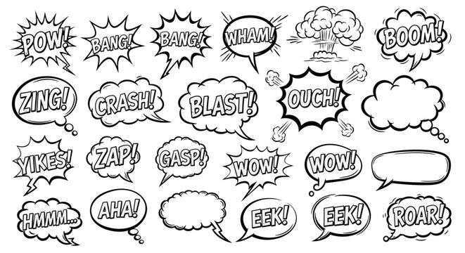 Dynamic collection of hand-drawn comic style speech bubbles with explosive sound effects and action exclamations on an isolated white background.