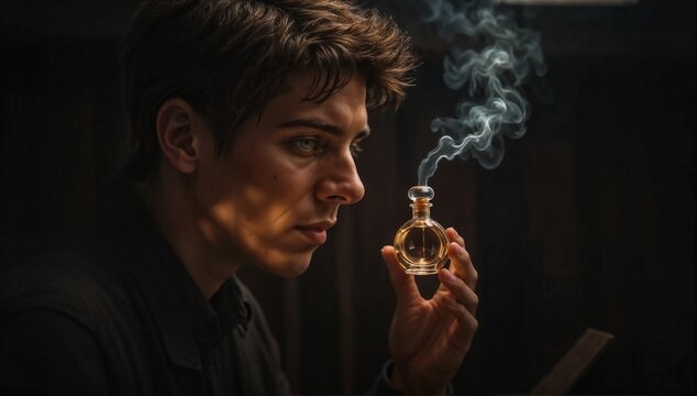 Man sniffs a small bottle of perfume from which a visible odor emerges.
