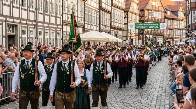Traditional German marksmen parade featuring marching bands and musicians in historical costumes through a picturesque timber framed town center