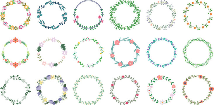 Minimalist green leaf wreaths collection. Flat vector illustration of simple circular botanical borders and foliage rings for clean monogram design.