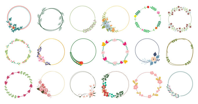 Minimalist open circular floral frames set. Flat vector illustration of delicate thin round botanical borders for elegant monogram design.