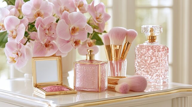 Luxury Pink Cosmetics Luxury Pink Cosmetics with Orchid Flowers and Elegant Perfume Bottle, Luxury Pink Cosmetics Beauty Vanity for Feminine Makeup Branding and Premium Skincare Lifestyle Background
