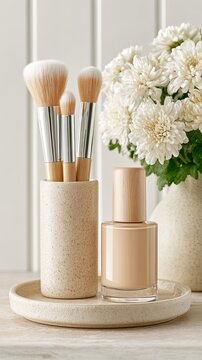 Minimalist Beauty Cosmetics with Makeup Brushes and Nude Foundation Bottle, Minimalist Beauty Cosmetics for Clean Beauty Branding, Skincare Marketing and Elegant Wellness Lifestyle Background