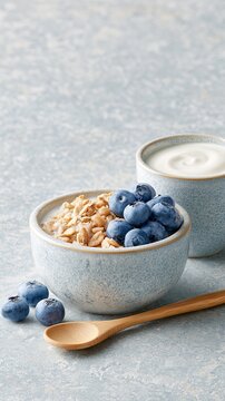Blueberry Oatmeal Breakfast Bowl with Fresh Blueberries and Creamy Yogurt, Blueberry Oatmeal Breakfast Bowl for Healthy Nutrition, Clean Eating Lifestyle and Wellness Food Concept