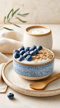 Healthy Blueberry Oatmeal Bowl with Fresh Blueberries and Creamy Yogurt, Healthy Blueberry Oatmeal Bowl for Nutritious Breakfast, Clean Eating Lifestyle and Wellness Nutrition Concept