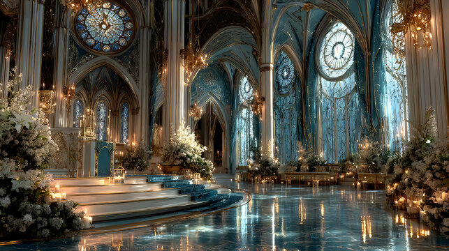 Royal cathedral space stunning chandeliers marble floor reflections intricate gothic structure wallpapers