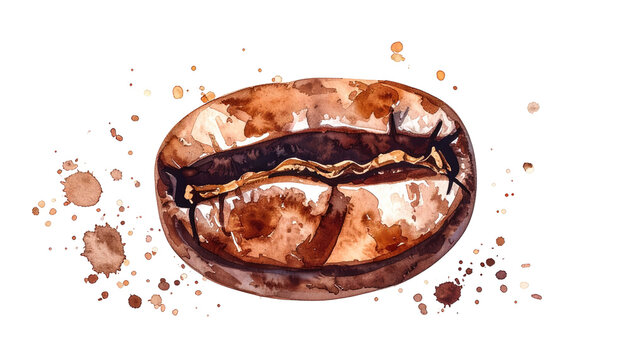Watercolor depiction of a roasted coffee bean with rich brown hues, cracks, and surrounding coffee splash effects, isolated on black