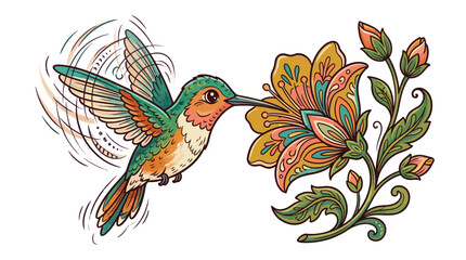 Fototapeta premium Colorful hummingbird hovering near ornate floral pattern in line art illustration