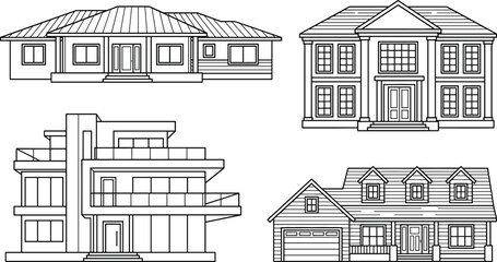 Fototapeta premium Residential house line icon set featuring architectural facade illustrations of modern villa mansion bungalow and traditional suburban home vectors