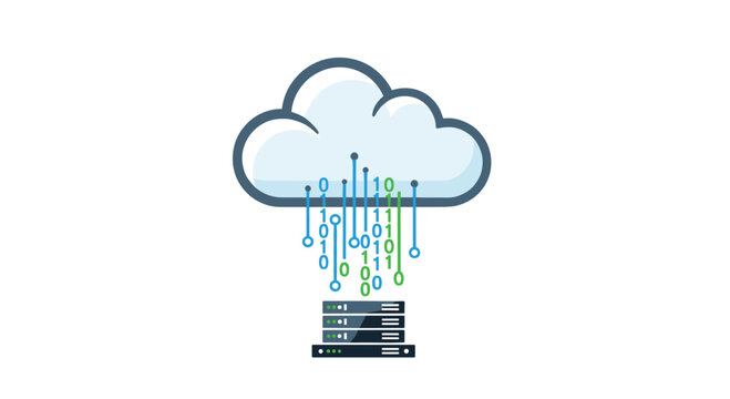 Cloud icon with circuit lines and numeric digits raining into a server rack on a white background for modern computing architecture.