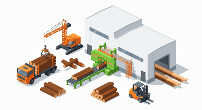 A vector illustration of a large industrial sawmill operation with trucks and machines processing wood outside a warehouse facility.