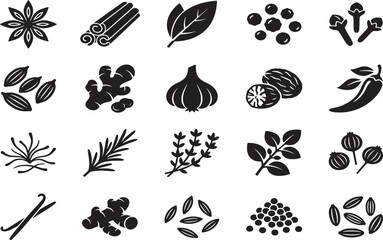 Fototapeta premium Collection of black and white silhouette of various spices and herbs on a white background, star anise