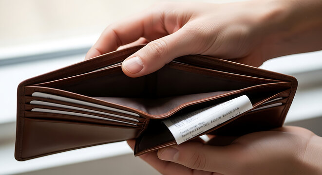Person holding empty brown leather wallet.
