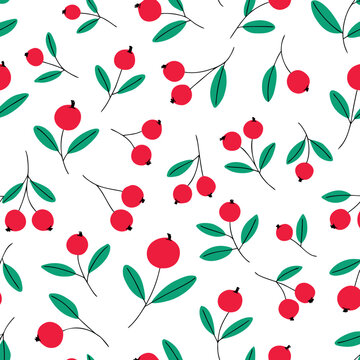 Red berries seamless pattern with green leaves on white background for organic food packaging and holiday seasonal textile printing.