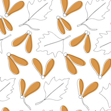 Autumn maple leaf and seed pods seamless pattern with outline art, ideal for season backgrounds or fall fabric prints.