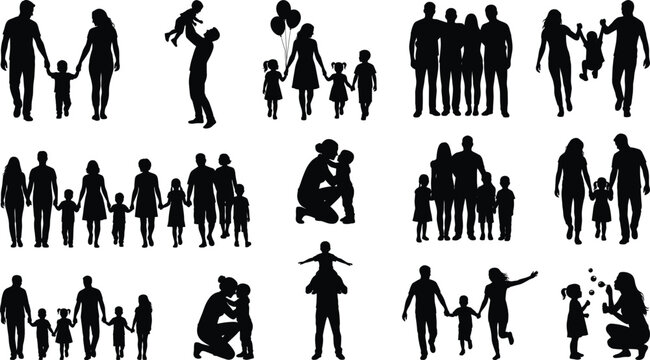 Set of happy family silhouettes walking holding hands playing and blowing soap bubbles isolated on white background vector illustration.