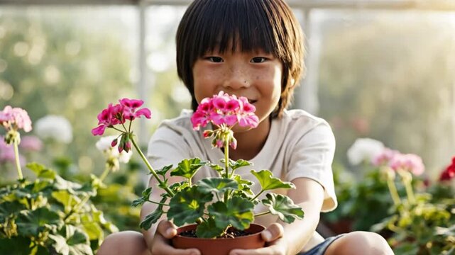 Happy young asian boy with freckles holding a vibrant pink flowering geranium in a greenhouse