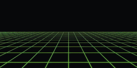 Cyberpunk neon green 3D wireframe perspective grid matrix on black background. © Veloras
