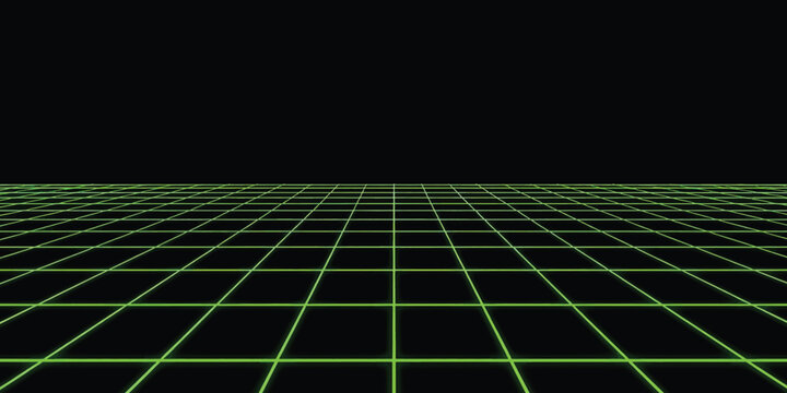 Cyberpunk neon green 3D wireframe perspective grid matrix on black background.