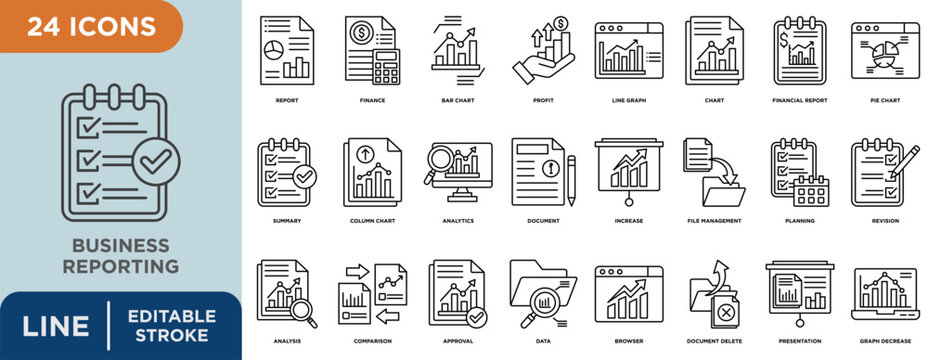 Business reporting line icon set with editable stroke for profit, chart, financial report, pie chart, analysis, and summary