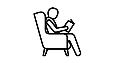 Fototapeta premium Leisure - Stick Figure Person Sitting in Armchair Reading a Book Relaxing at Home Icon Illustration