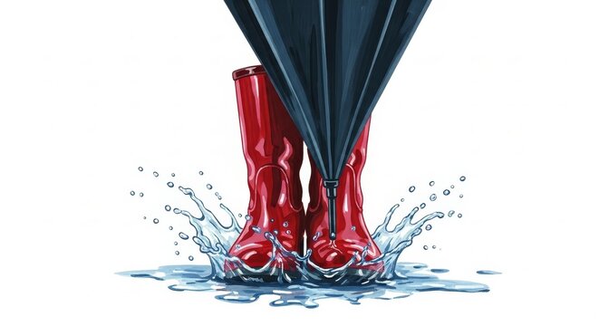 Rain Gear - Red Rubber Rain Boots Splashing in Puddle with Closed Dark Umbrella Watercolor Illustration