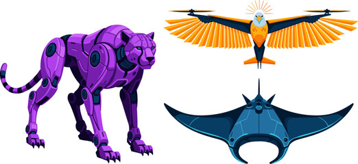 Futuristic Cybernetic Animal Robot Vector Set with Robotic Panther Eagle Drone and Manta Ray Submarine Icons for Sci Fi Technology Media Designs © Mdlutfar