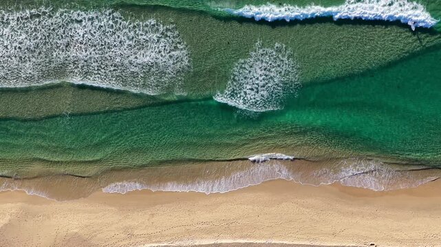 Aerial video capturing waves rolling onto One Mile Beach near Forster, NSW, Australia, while a lone surfer rides a breaking wave towards the shore.