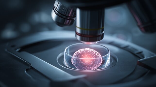 Microscope examining an embryo in a petri dish representing ivf in vitro fertilisation or insemination of female, highlighting embryo manipulation and laboratory fertility procedure.
