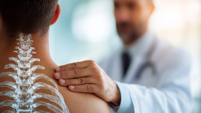 Physiotherapist assessing spinal alignment and applying manual therapy to patient for pain management and mobility restoration.