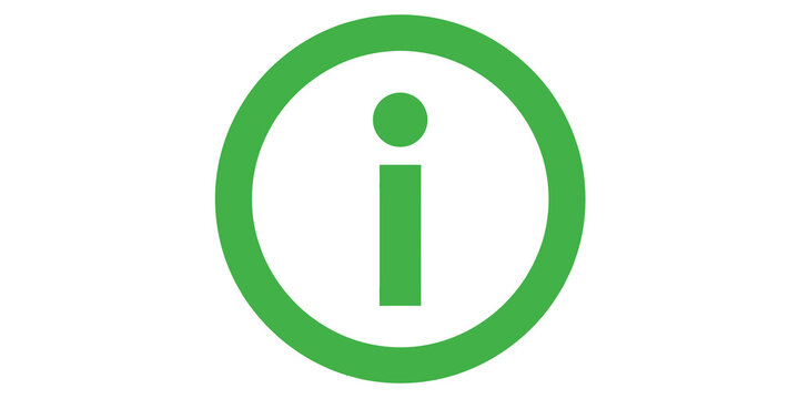 Green information icon with lowercase letter i inside a circle on transparent background