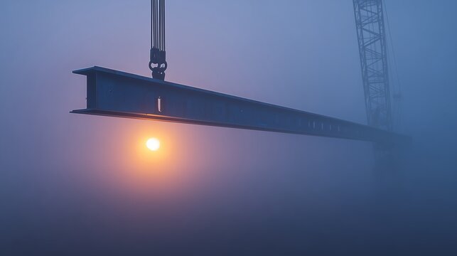 Single steel beam hoisted by crane in foggy construction site, evoking lift operation and structural assembly.