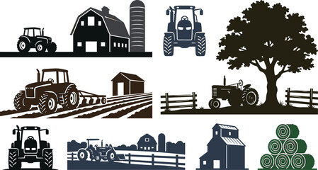 Obraz premium Farm life silhouette collection with agricultural vehicles tractor machinery rustic barn elements hay bales landscape and countryside scenery vector
