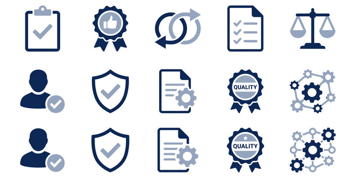Collection of business and security icons in blue and white on transparent background
