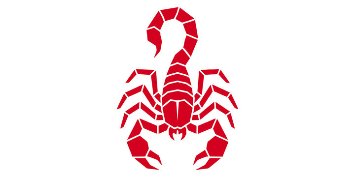 Red scorpion silhouette with curved tail and claws on transparent background