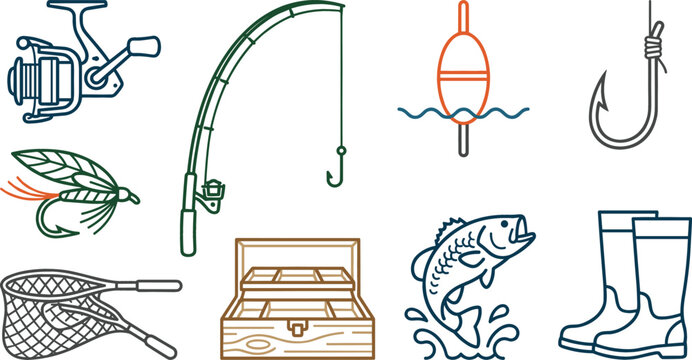 Fishing tackle and equipment line icon set featuring rod reel hook bobber bait box net fish boots vector illustration