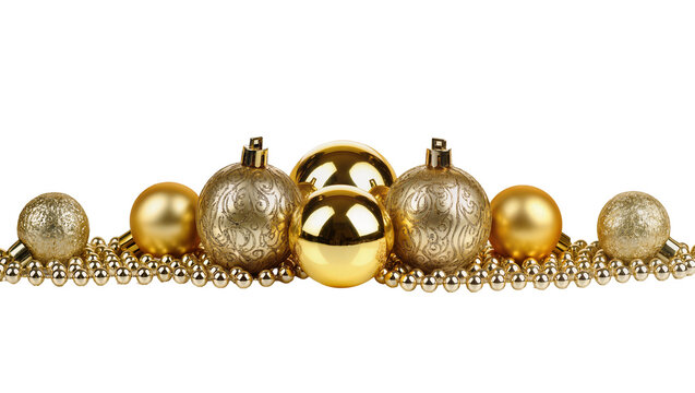 Isolated golden Christmas tree decoration arrangement with shiny baubles and festive beads