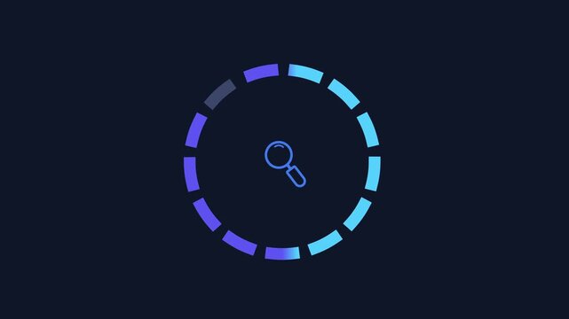 Animated digital interface featuring a search icon surrounded by a circular progress indicator on a dark background, representing data discovery, information retrieval, scanning, and system analysis.