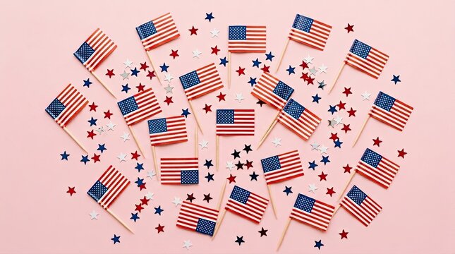 Independence day usa celebration american flags and stars on pink background